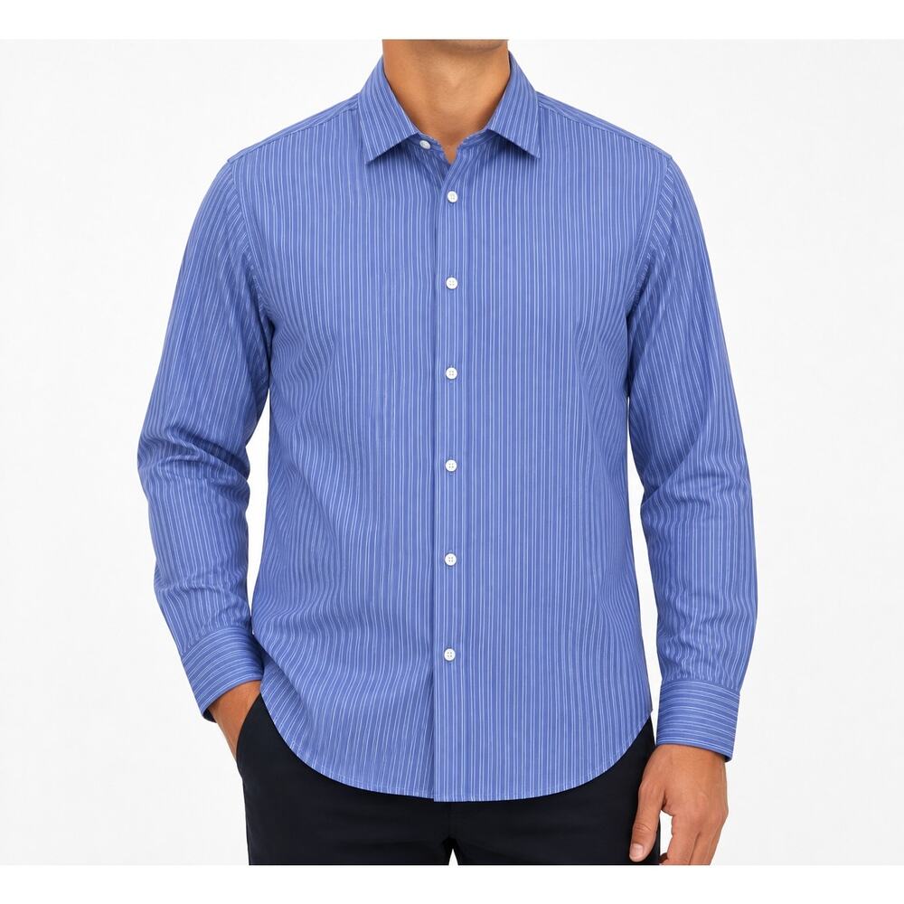 Ike Behar Dress Shirt Mens 16.5 35 Blue White Performance 100 Striped Non-Iron